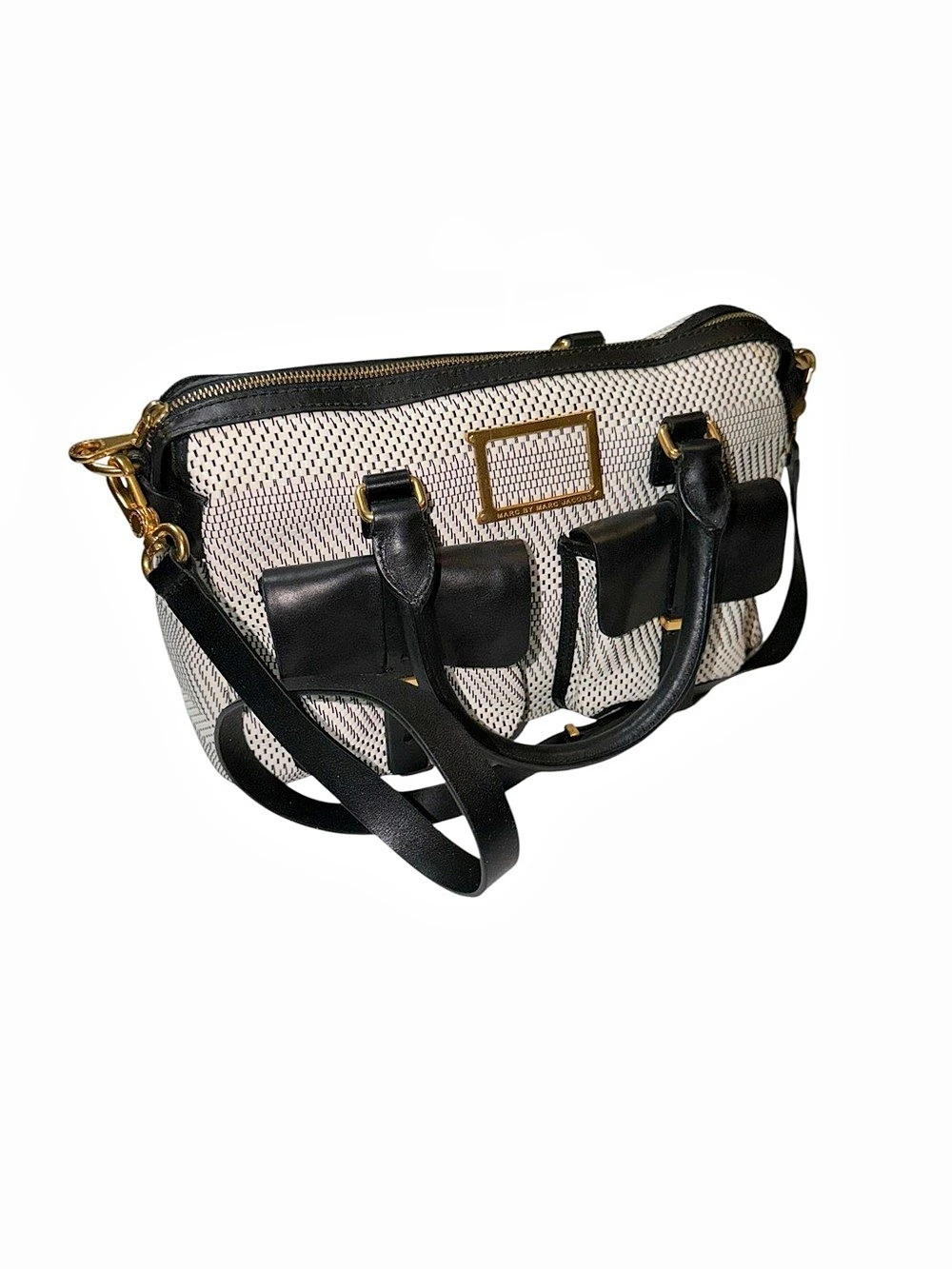 Marc by Marc Jacobs White & Black Woven Leather Satchel Shoulder Bag Gold Hardwa